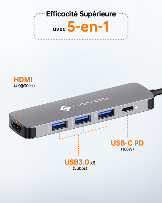 NOVOO 5 IN 1 ALUMINUM USB-C ADAPTER WITH PD 100 W HDMI 4K ADAPTER
