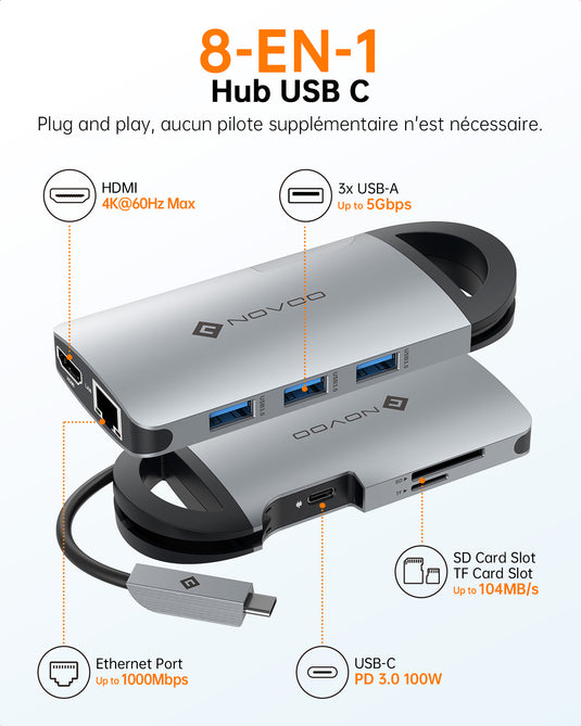 NOVOO USB C Hub Portable, 8-en-1 Adaptateur USB-C vers Type C 100W PD Port de Rechargement, 4K HDMI