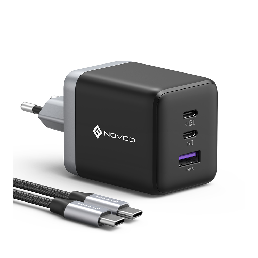 NOVOO Chargeur USB C 100W GaN, Chargeur Rapide Multiport [3-Ports] pour MacBook Pro/Air, iPhone 15/14, iPad - Inclus Câble 100W PD