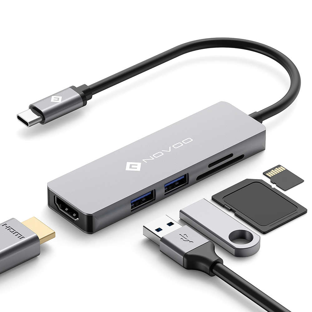 NOVOO R5 Hub USB-C 5 en 1 vers HDMI 4K@60Hz, Lecteur de Carte SD & Micro SD, 2 x USB 3.0, Adaptateur en Aluminium pour MacBook Pro, New MacBook, ChromeBook Pixel, Matebook PC Tablette Type-C