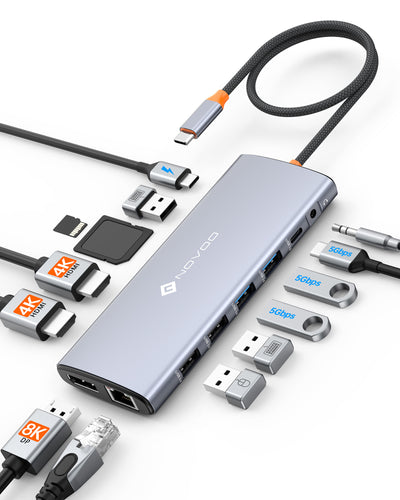 NOVOO 14-en-1 Docking Station Double Moniteur, Hub USB C vers Dual HDMI, Displayport, Ethernet RJ45, 100W PD, USB 3.0/2.0, SD/TF et Audio, Station d'accueil USB C pour MacBook HP Dell