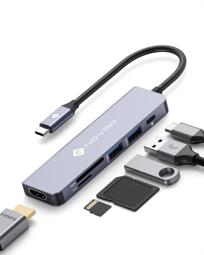 NOVOO Adaptateur USB C vers HDMI 4K, 6-en-1 Hub USB C HDMI, USB x2, PD 100W, Lecteur de Carte SD/TF, Multiport USB Hub pour MacBook Pro Air Chromebook Pixel Dell