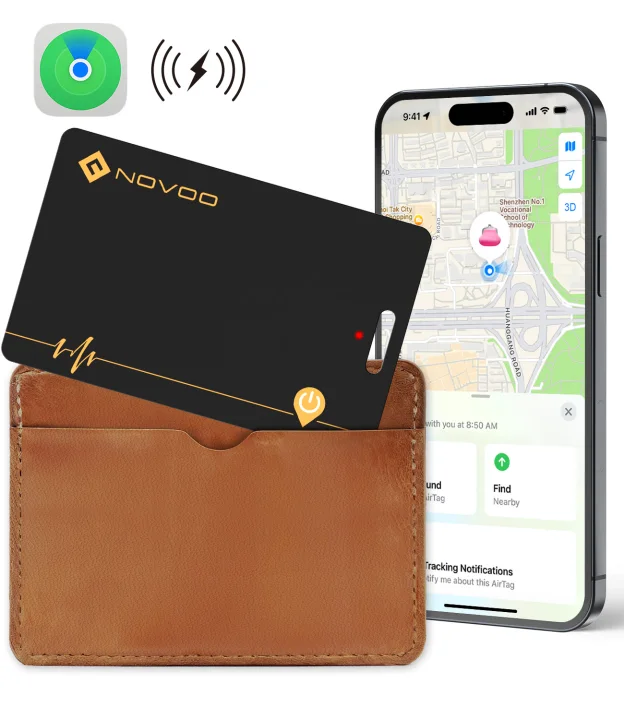 Carte Air Tag NOVOO — Traceur Bluetooth Rechargeable Sans Fil, Étanche IP68 pour Portefeuille & Bagages