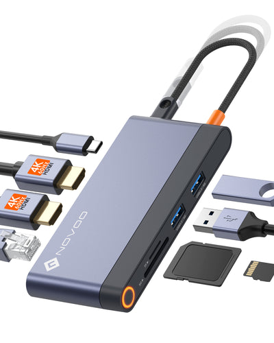 NOVOO 8-en-1 Docking Station USB C Hub, vers Dual HDMI 4K, Ethernet RJ45, USB 3.2, PD 100W, SD/TF Multiport Dock pour Macbook, Surface, HP, Dell, Lenovo