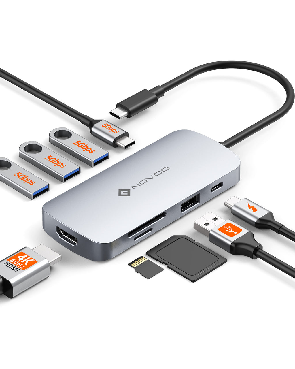 NOVOO R9C Hub USB C 9-en-1 Adaptateur USB vers HDMI 4K@60Hz, 5 Ports USB, 100W PD, SD/TF