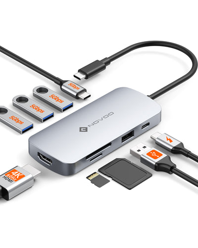 NOVOO R9C Hub USB C 9-en-1 Adaptateur USB vers HDMI 4K@60Hz, 5 Ports USB, 100W PD, SD/TF
