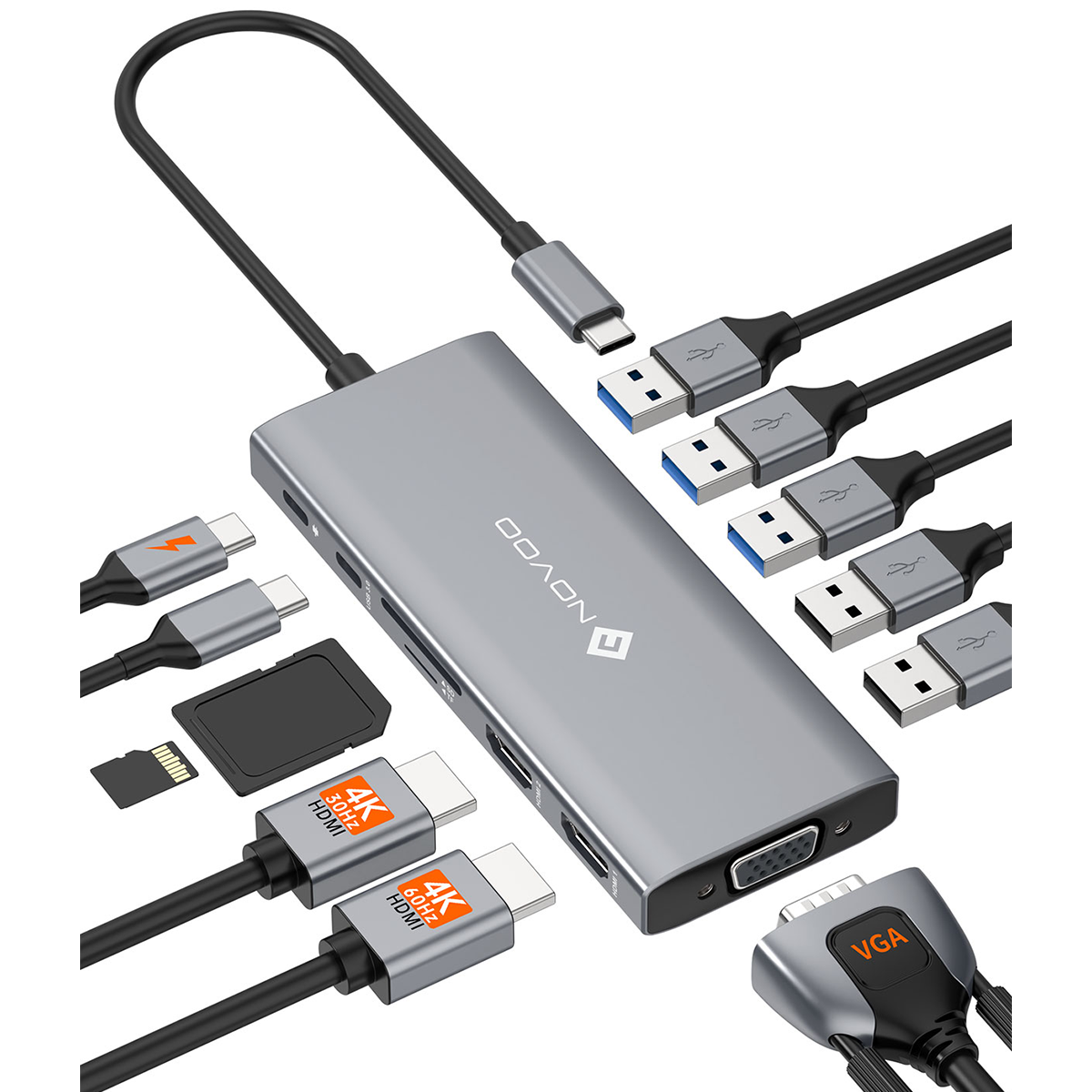 NOVOO RM12A Docking Station d'accueil USB C 12-en-1, Dual 4K HDMI, VGA, 5 USB Ports, 100W PD, Lecteur SD/TF, Compatible MacBook/Dell/HP/Surface