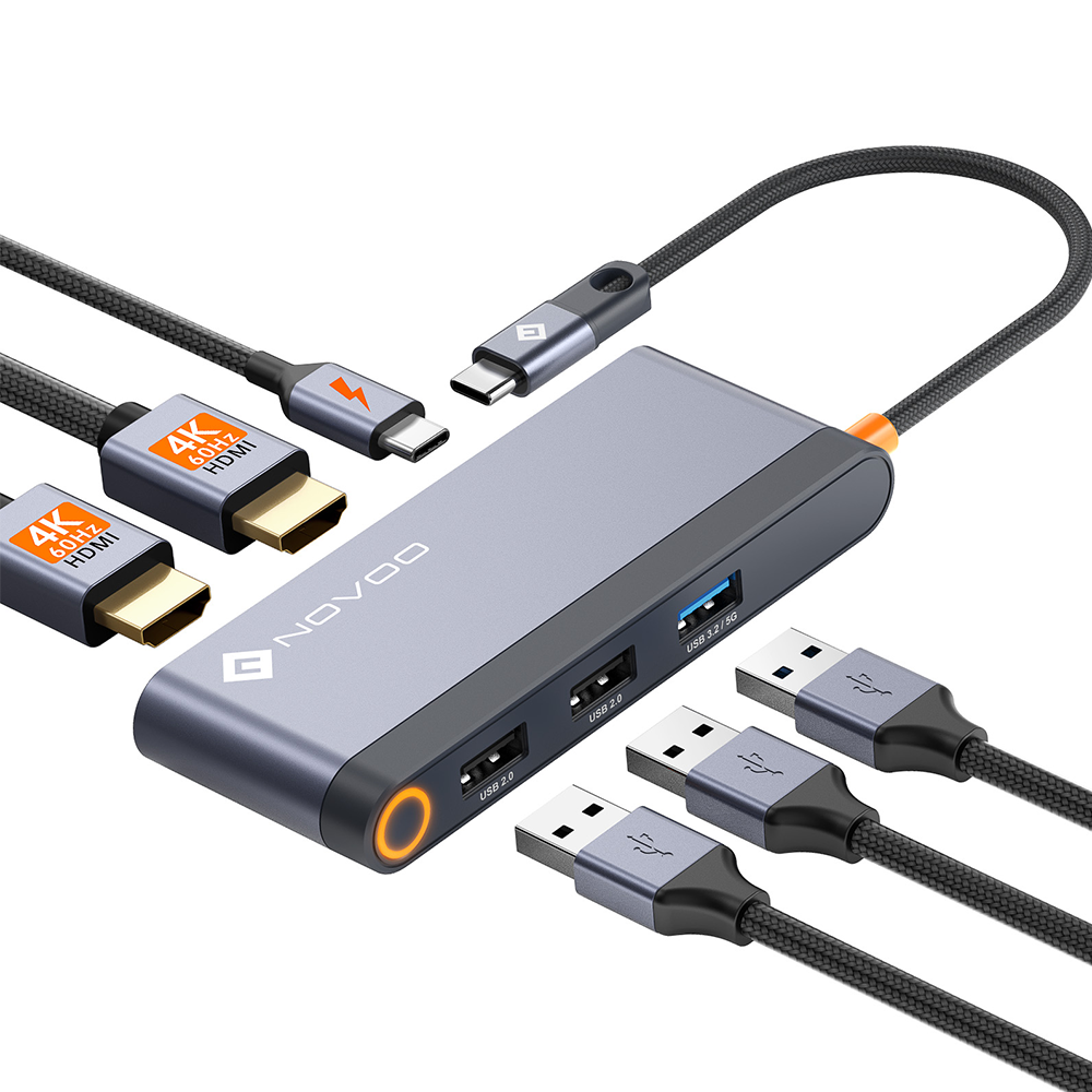 NOVOO RM6FPD Hub USB C Tripler Affichage 6 en 1 vers Dual HDMI, Stations d'accueil USB C Double Moniteur, 100W PD, 3 x USB, Dock USB-C pour Dell, HP, Lenovo, ASUS, Microsoft Visiter la boutique NOVOO