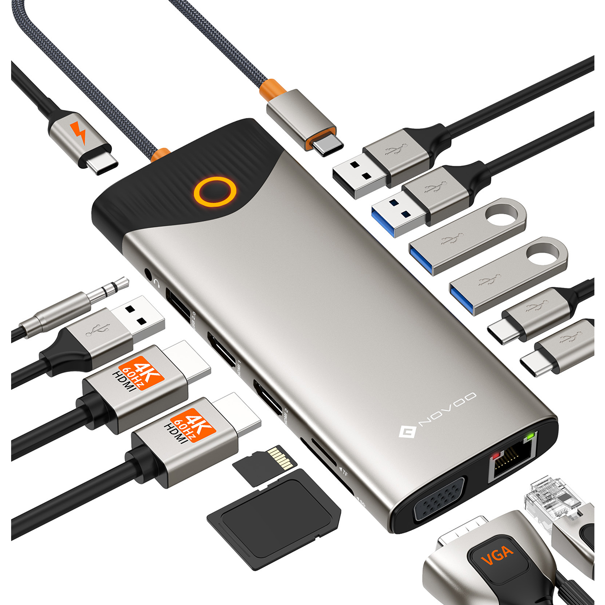 Station d'accueil USB-C Hub multiport 15-en-1 NOVOO - Triple Affichage 4K, Bouton de Confidentialité "Screen-Off" – Pour MacBook, Dell, HP, Lenovo