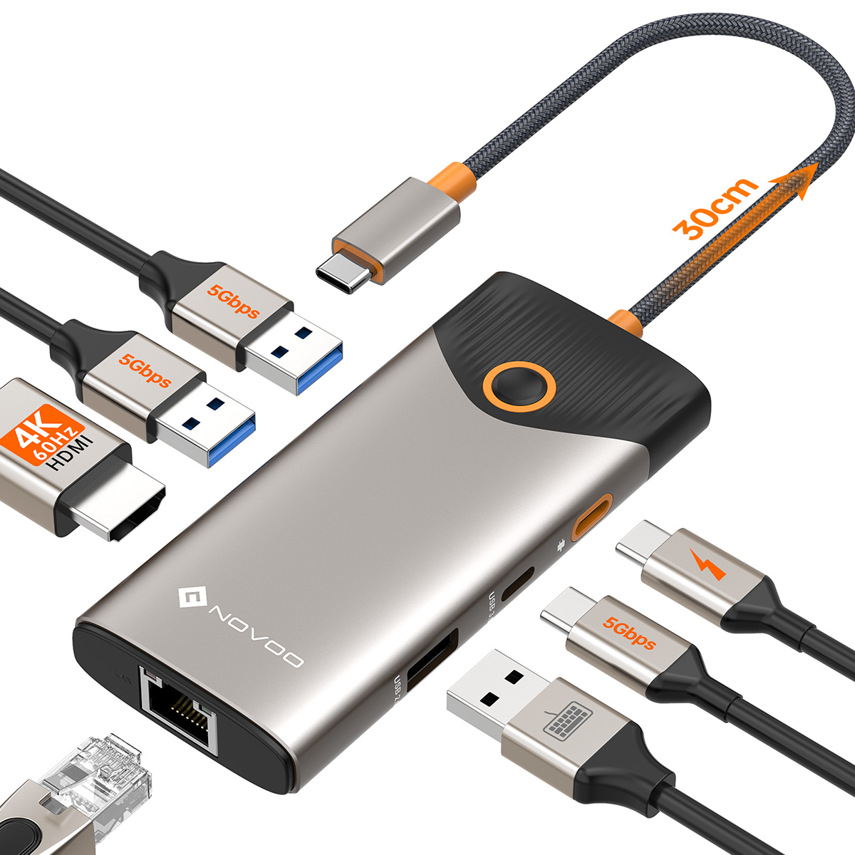 Hub USB-C 7-en-1 NOVOO | 4K HDMI, Ethernet, 100W PD, Bouton de Confidentialité "Screen-Off" – Adaptateur Multiport MacBook, Dell, HP, Lenovo