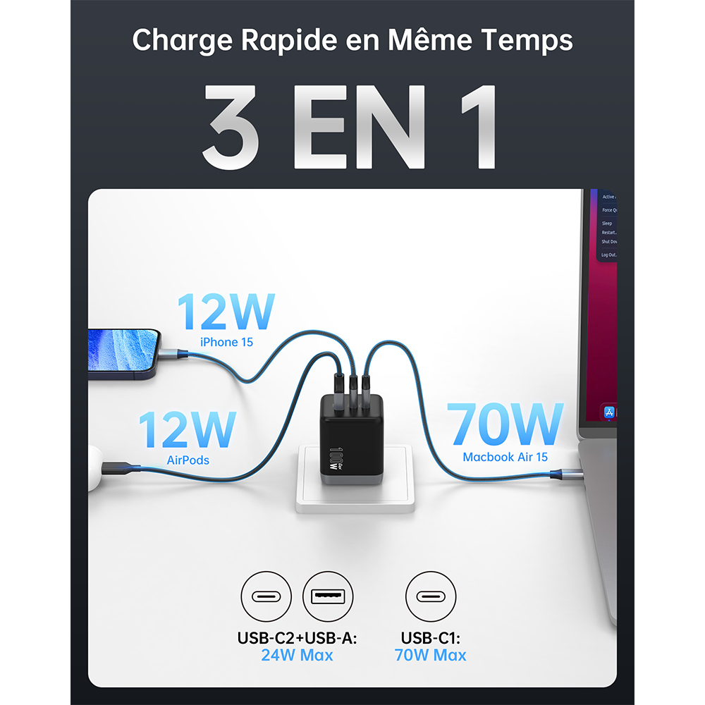 NOVOO Chargeur USB C 100W GaN, Chargeur Rapide Multiport [3-Ports] pour MacBook Pro/Air, iPhone 15/14, iPad - Inclus Câble 100W PD