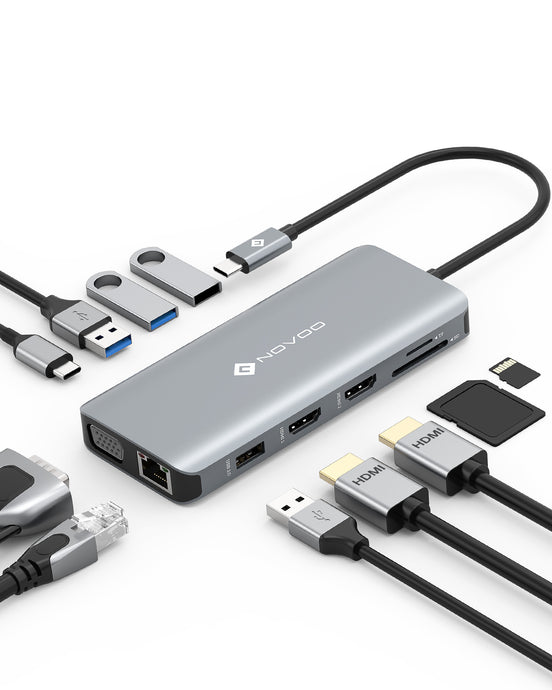 Novoo Adaptateur USB C Hub 11-en-1, Triple Affichage(Dual HDMI 4K&VGA), Dock Station