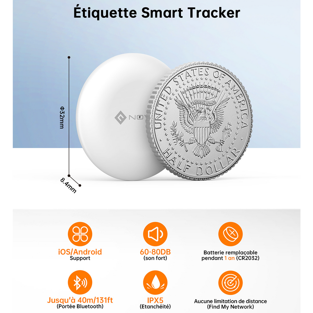 NOVOO Localisateur de clés intelligent Air Tag compatible avec Apple Où est ? APP(iOS) ou Google, Bluetooth KeyFinder Batterie remplaçable pour