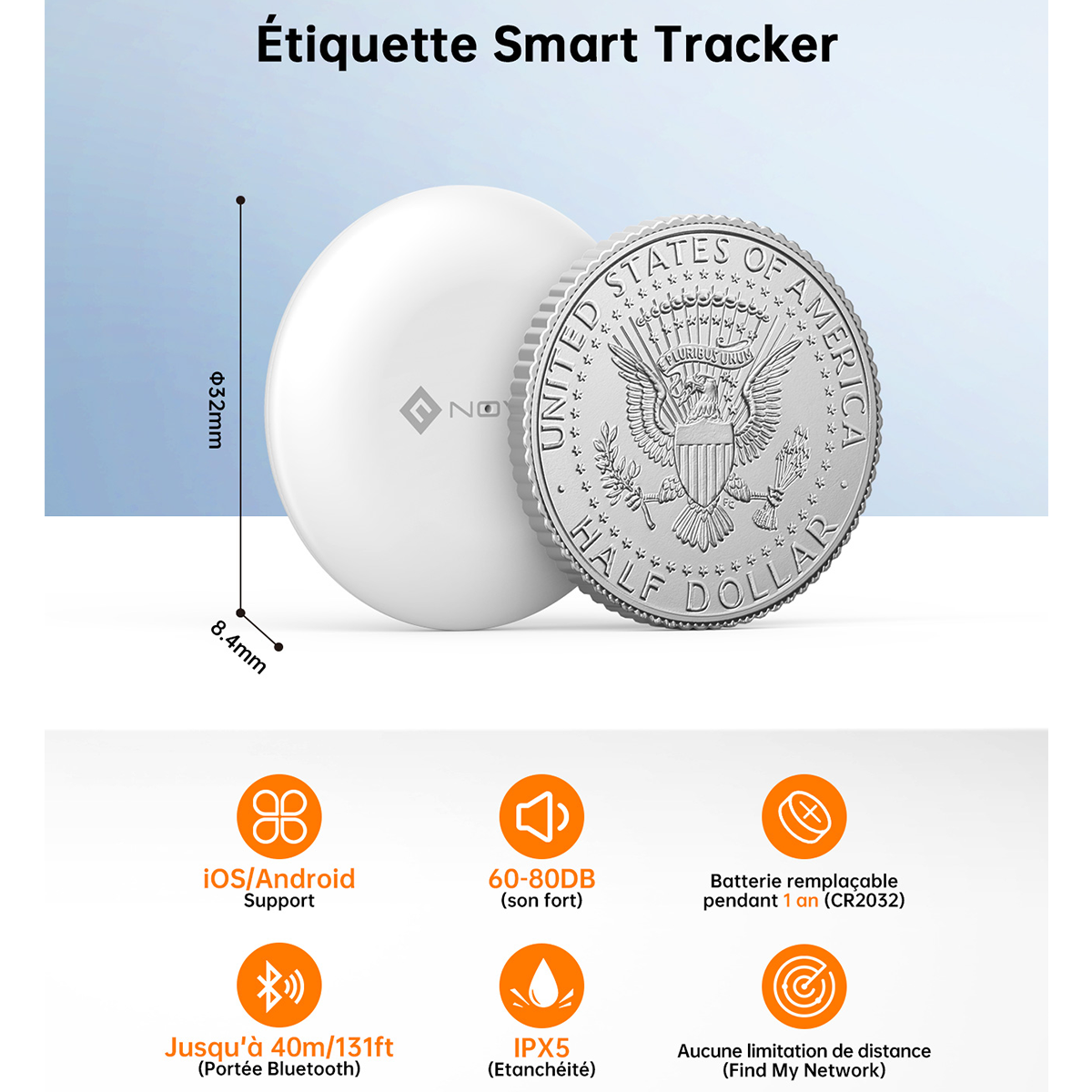 NOVOO Localisateur de clés intelligent Air Tag compatible avec Apple Où est ? APP(iOS) ou Google, Bluetooth KeyFinder Batterie remplaçable pour