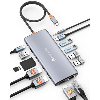 NOVOO 14-en-1 Docking Station Triple Moniteur, Hub USB C vers Dual HDMI, 8K Displayport, Ethernet RJ45, 100W PD, USB 3.0/2.0, SD/TF et Audio, Station d'accueil USB C pour MacBook HP Dell