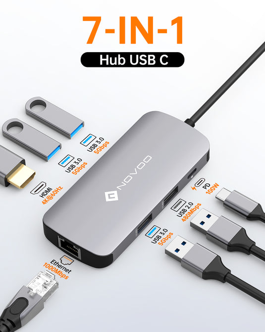 NOVOO Hub USB C Mulitport Adaptateur USB C vers USB x 4, 100W PD Port de Recharge, 4K HDMI, RJ45 Ethernet, 7 en 1 USB C Adaptateur