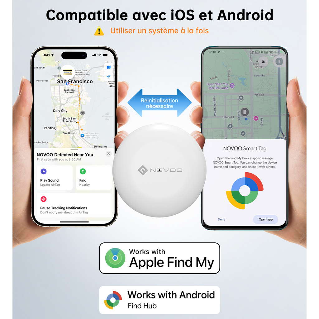 NOVOO Localisateur de clés intelligent Air Tag compatible avec Apple Où est ? APP(iOS) ou Google, Bluetooth KeyFinder Batterie remplaçable pour