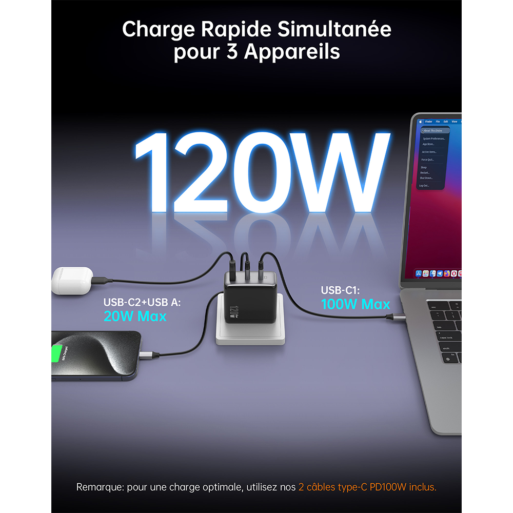 NOVOO Chargeur 120W USB C Rapide 3 Ports avec GaN Tech Compatible avec iPhone 15 Plus Pro Max 14 13 Pro 12 Galaxy S23 Ultra Plus S22 MacBook Pro Air M1 M2