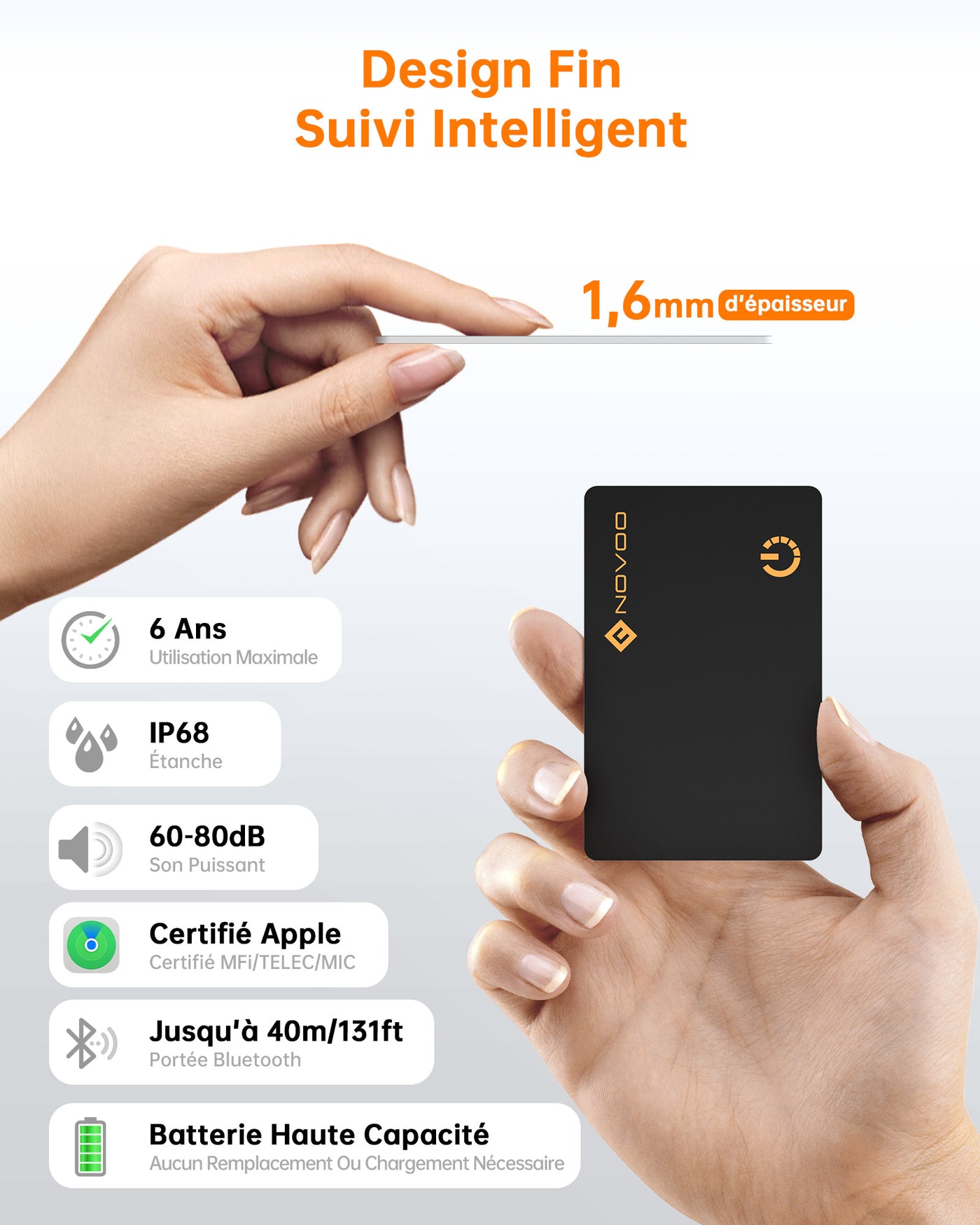 NOVOO Air Smart Tag Card Tracker Carte de suivi IP68 étanche Fonctionne avec Apple Find My (iOS uniquement), Bluetooth Item Finder Trieur d'objets