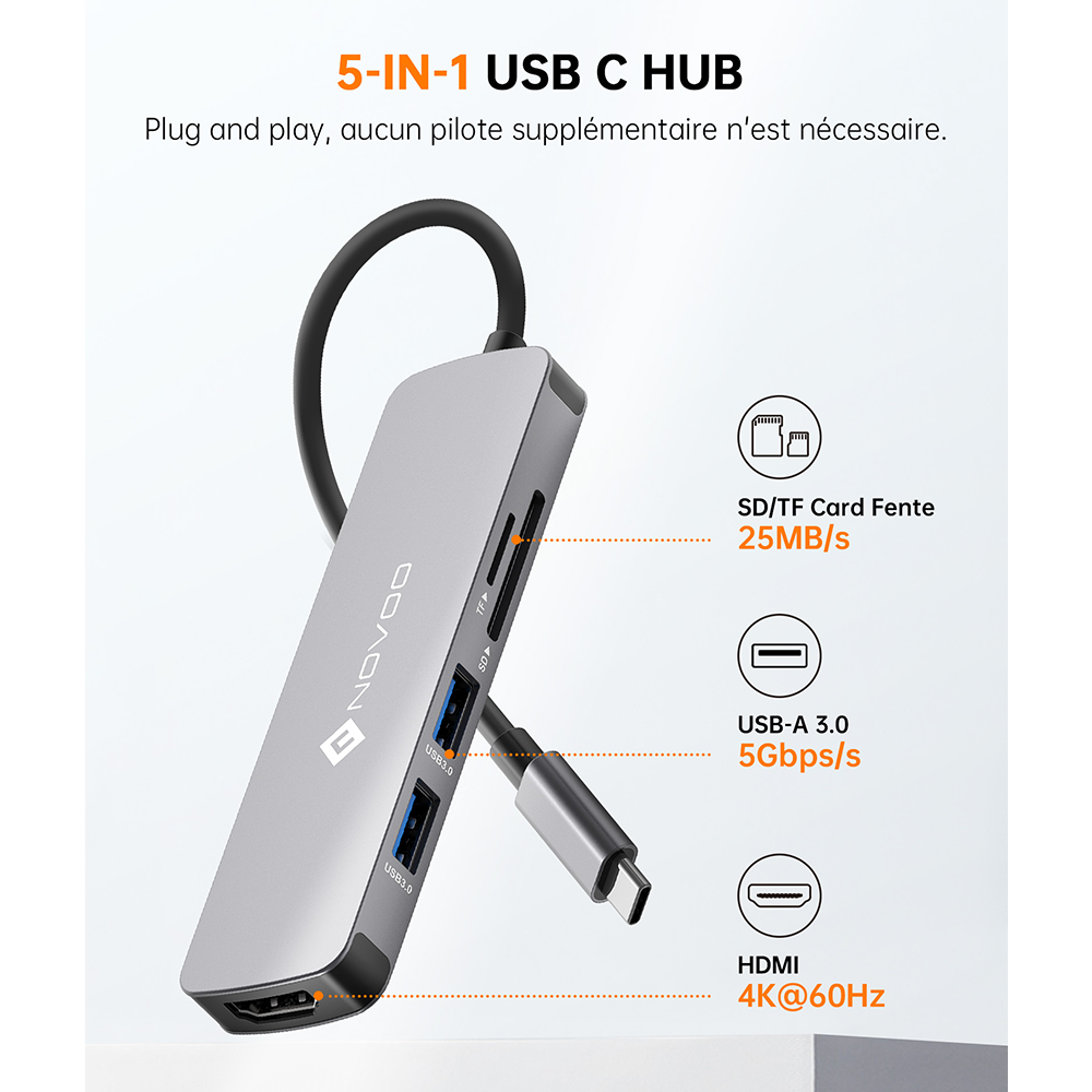 NOVOO R5 Hub USB-C 5 en 1 vers HDMI 4K@60Hz, Lecteur de Carte SD & Micro SD, 2 x USB 3.0, Adaptateur en Aluminium pour MacBook Pro, New MacBook, ChromeBook Pixel, Matebook PC Tablette Type-C