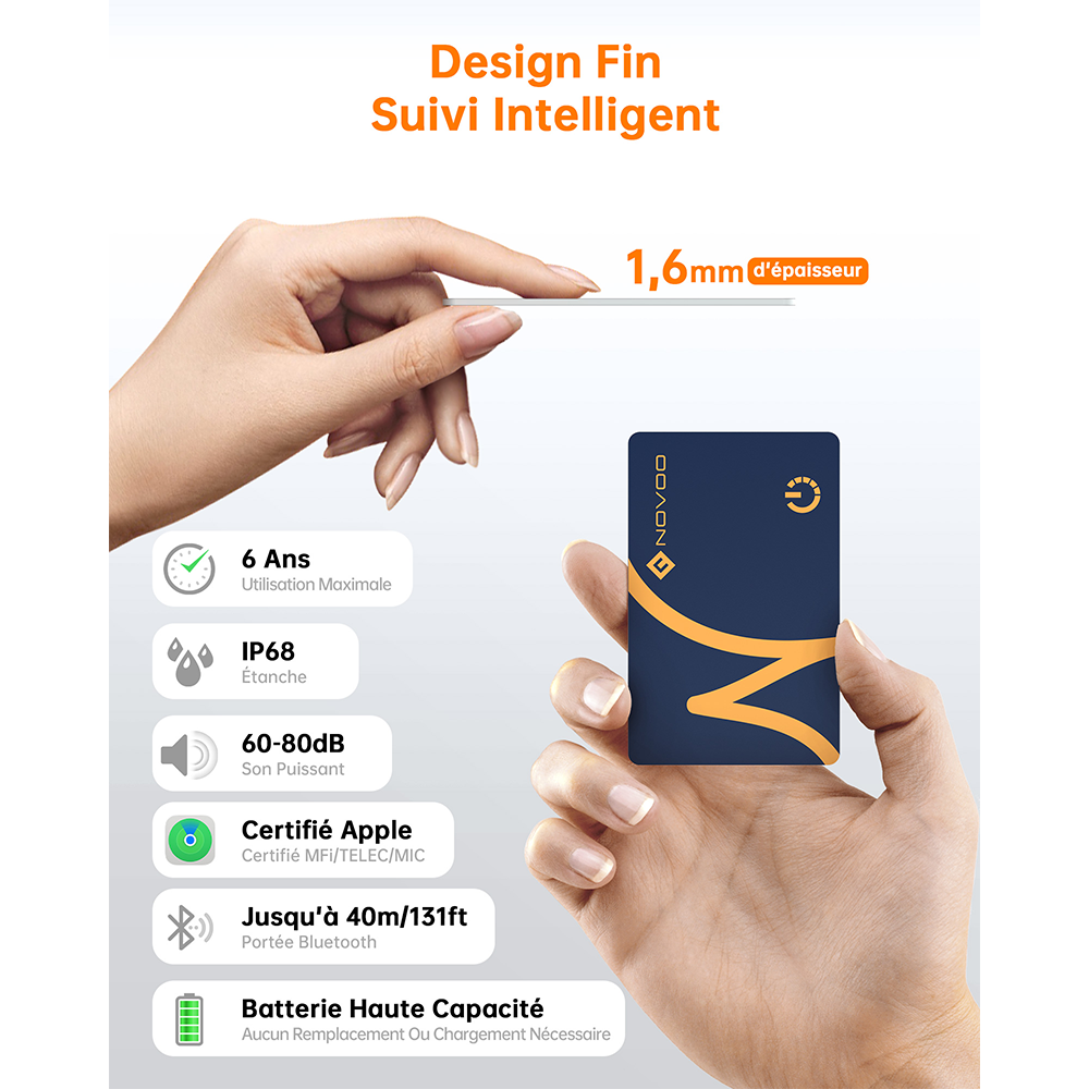 NOVOO Smart Air Tag Traceur Carte Bluetooth Localisateurs d’Objets Ultra-Fin Wallet Tracker Compatible avec Apple Localiser (iOS Uniquement) pour Portefeuille Clés Bagages Valise
