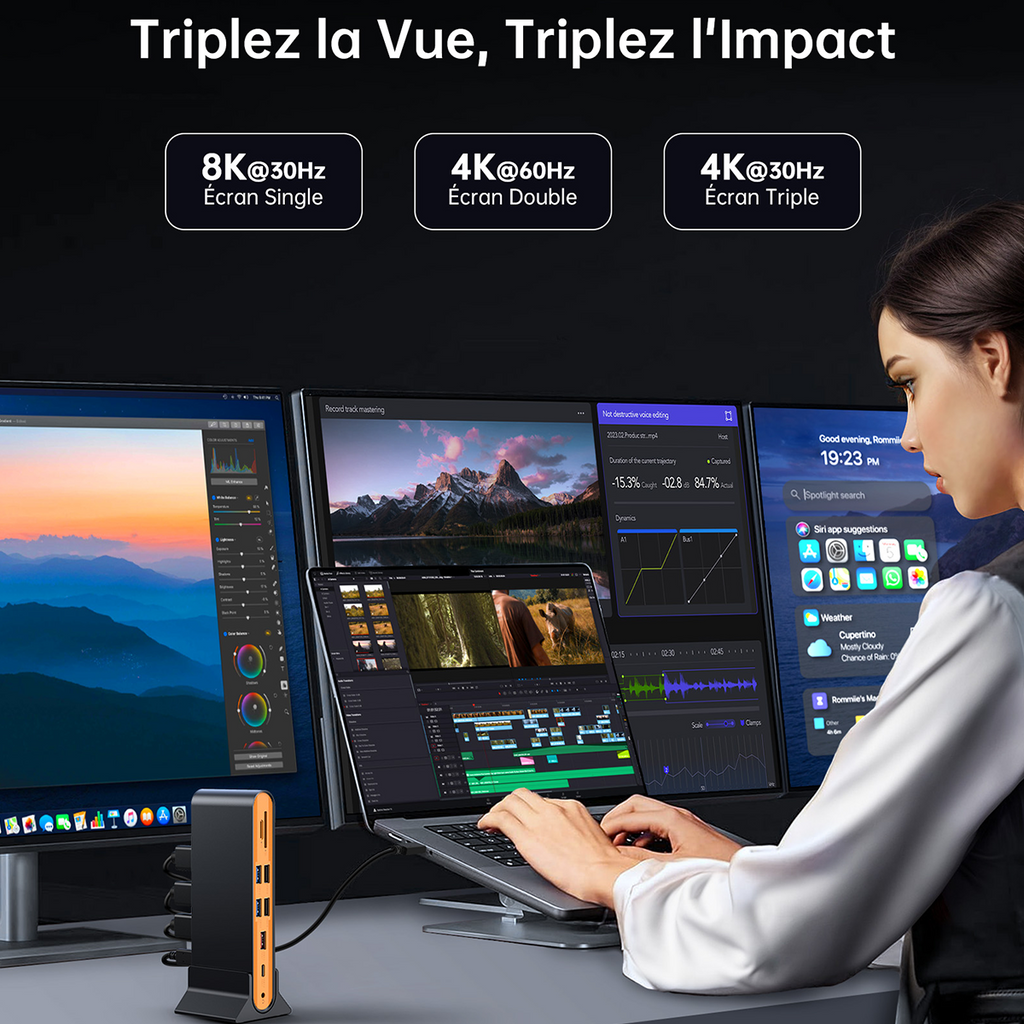 Station d’Accueil NOVOO 15-en-1 Hub USB-C — Triple Écran 8K/4K, Transfert 10Gbps, Ethernet Gigabit & PD 100W pour MacBook & PC