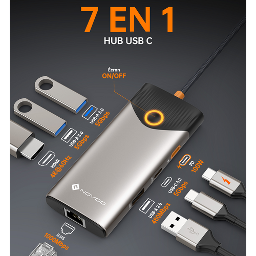 Hub USB-C 7-en-1 NOVOO | 4K HDMI, Ethernet, 100W PD, Bouton de Confidentialité "Screen-Off" – Adaptateur Multiport MacBook, Dell, HP, Lenovo