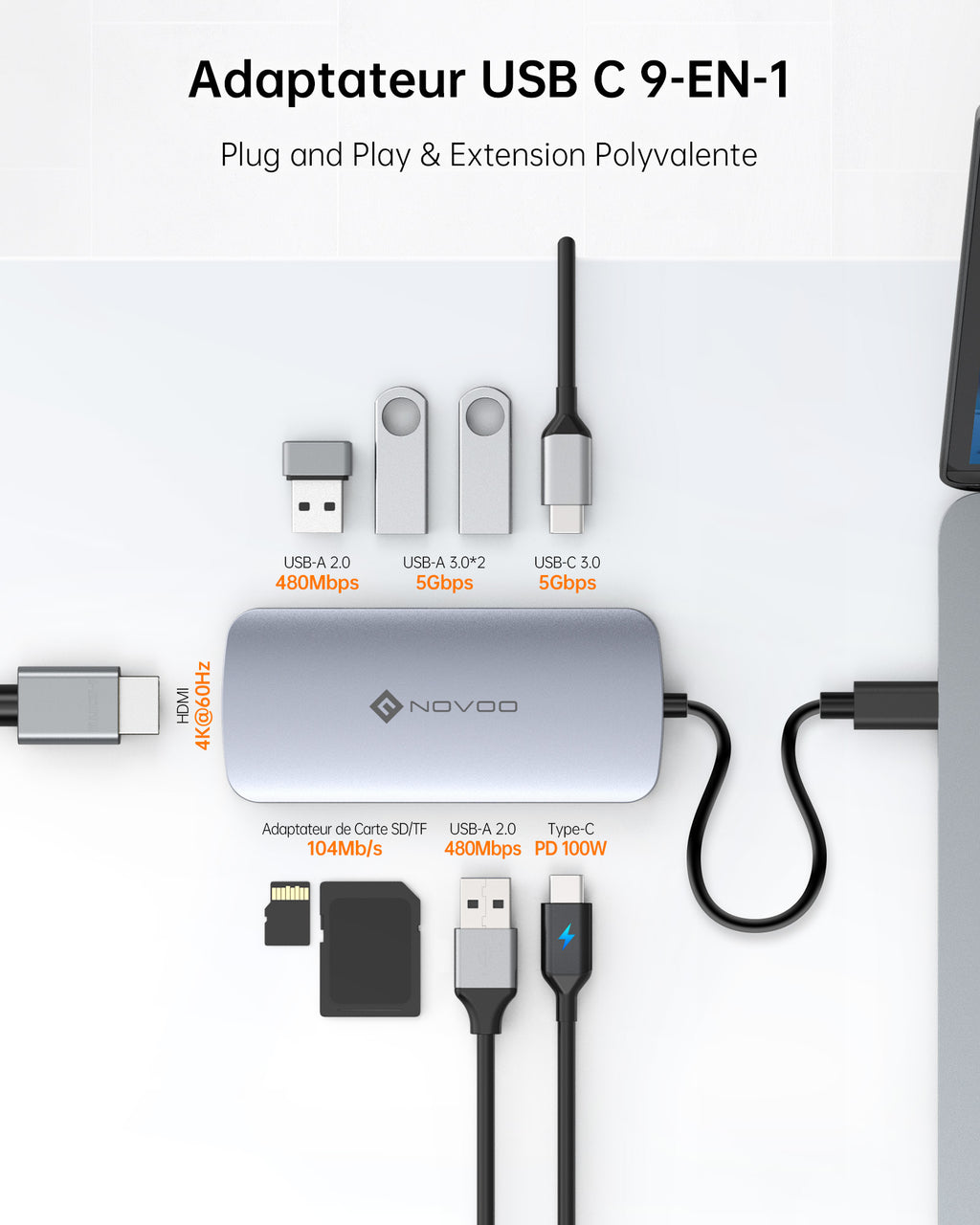 NOVOO R9C Hub USB C 9-en-1 Adaptateur USB vers HDMI 4K@60Hz, 5 Ports USB, 100W PD, SD/TF