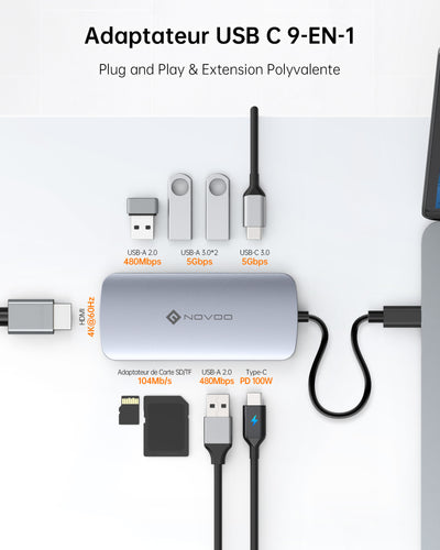 NOVOO R9C Hub USB C 9-en-1 Adaptateur USB vers HDMI 4K@60Hz, 5 Ports USB, 100W PD, SD/TF