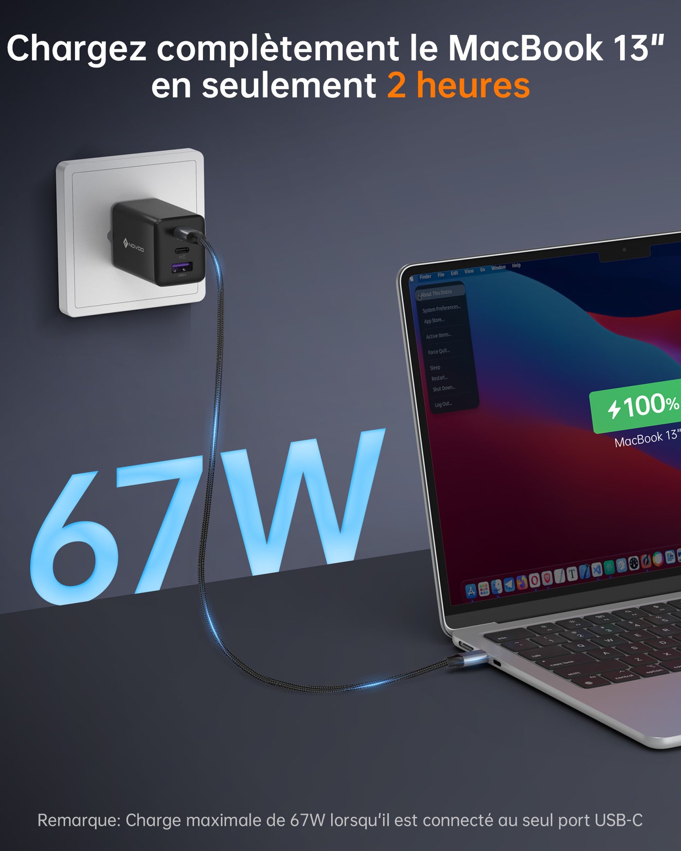 NOVOO Chargeur USB C Rapide 67W 3 Ports avec GaN Tech, Chargeur Rapide Compatible avec iPhone 15 Plus Pro Max 14 13 Pro 12 Galaxy S23 Ultra Plus S22 MacBook Pro Air M1 M2 iPad Pro