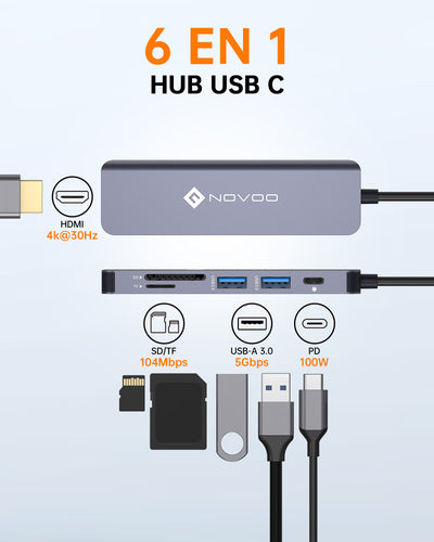 NOVOO Adaptateur USB C vers HDMI 4K, 6-en-1 Hub USB C HDMI, USB x2, PD 100W, Lecteur de Carte SD/TF, Multiport USB Hub pour MacBook Pro Air Chromebook Pixel Dell