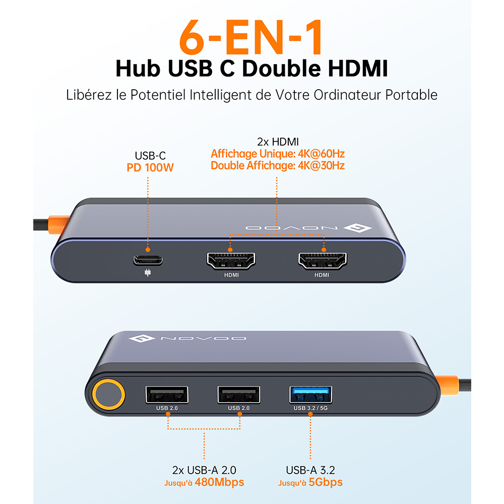 NOVOO RM6FPD Hub USB C Tripler Affichage 6 en 1 vers Dual HDMI, Stations d'accueil USB C Double Moniteur, 100W PD, 3 x USB, Dock USB-C pour Dell, HP, Lenovo, ASUS, Microsoft Visiter la boutique NOVOO
