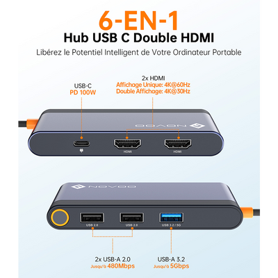 NOVOO RM6FPD Hub USB C Tripler Affichage 6 en 1 vers Dual HDMI, Stations d'accueil USB C Double Moniteur, 100W PD, 3 x USB, Dock USB-C pour Dell, HP, Lenovo, ASUS, Microsoft Visiter la boutique NOVOO