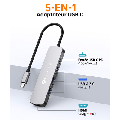NOVOO R5PD Adaptateur USB C, 5-en-1 Hub USB C vers HDMI 4K@60Hz, 3 X USB 3.0, PD 100W USBC Hub pour Macbook Air Macbook Pro Surface Galaxy Lenovo Chromebook