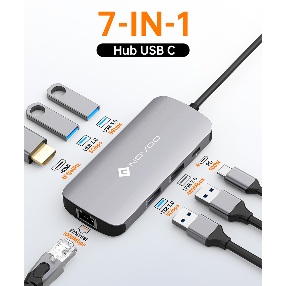 NOVOO R7Pro Mulitport Adaptateur USB C vers Ethernet, 7 en 1 Hub USB C vers HDMI 4K, 100W PD Recharge, USB x 4, pour MacBook Pro Chromebook