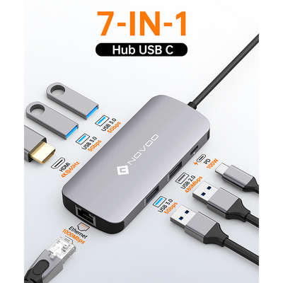 NOVOO R7Pro Mulitport Adaptateur USB C vers Ethernet, 7 en 1 Hub USB C vers HDMI 4K@60Hz, 100W PD Port de Recharge, USB x 4, USBC Hub pour MacBook Pro MacBook Air Chromebook