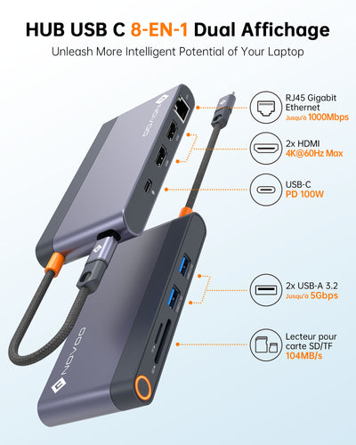 NOVOO 8-en-1 Docking Station USB C Hub, vers Dual HDMI 4K, Ethernet RJ45, USB 3.2, PD 100W, SD/TF Multiport Dock pour Macbook, Surface, HP, Dell, Lenovo
