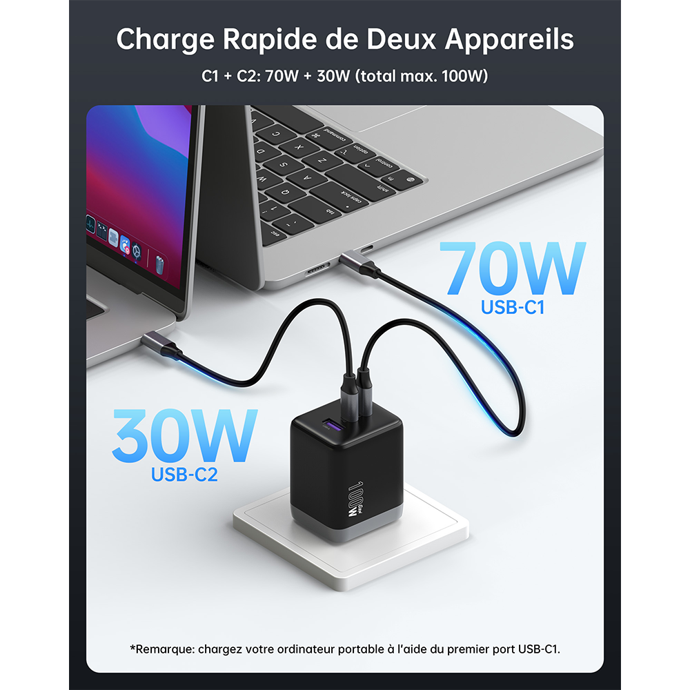 NOVOO Chargeur USB C 100W GaN, Chargeur Rapide Multiport [3-Ports] pour MacBook Pro/Air, iPhone 15/14, iPad - Inclus Câble 100W PD
