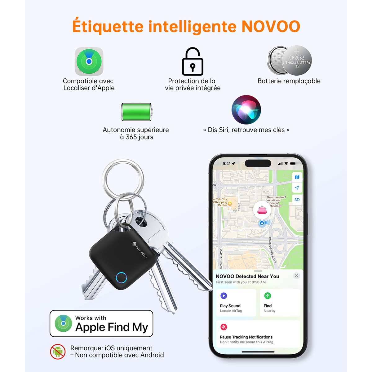 NOVOO Smart Tag - Localisateur de Clé 4-Pack Compatible avec Apple Find My | Alternative au Apple AirTag