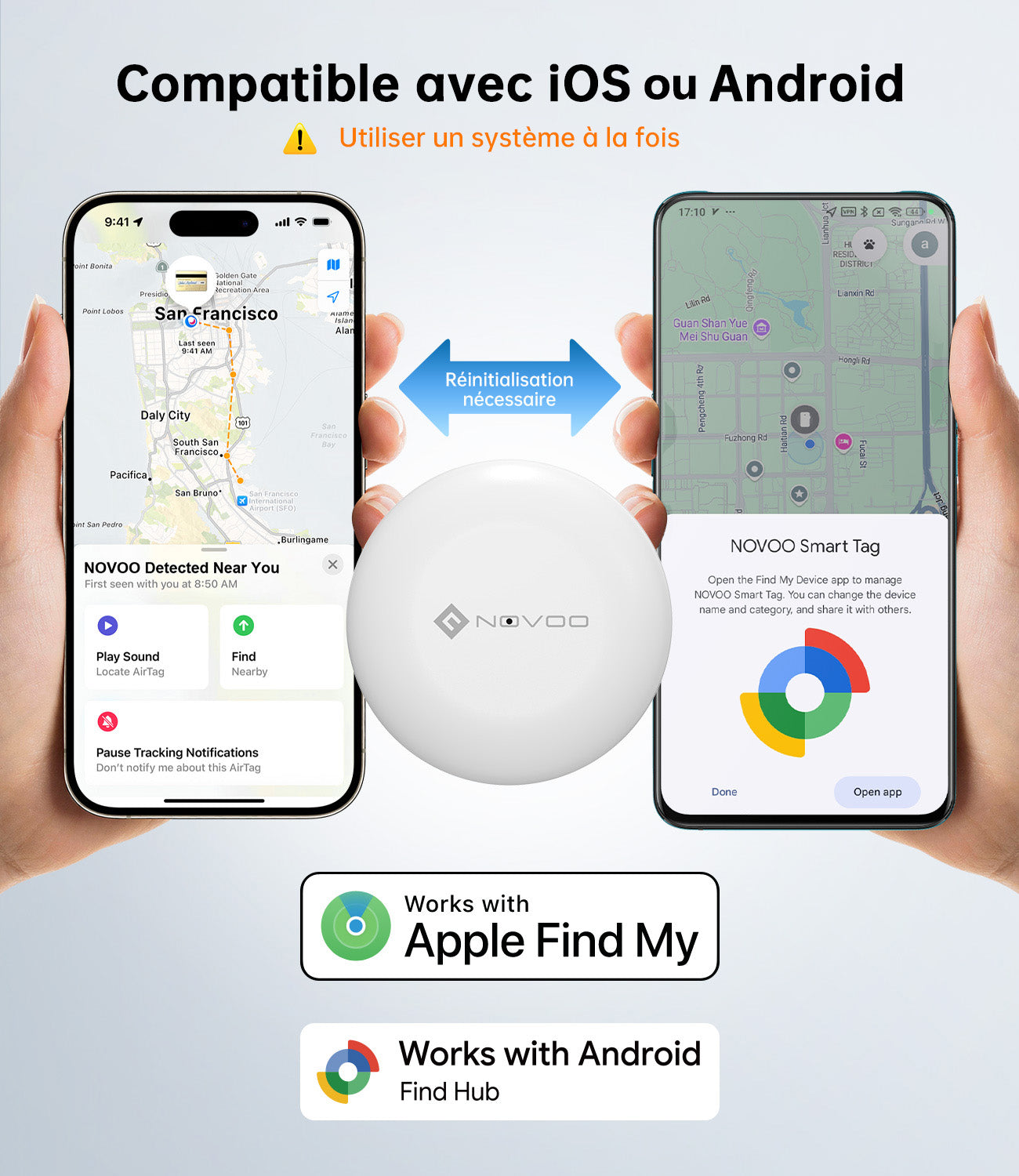 NOVOO Air Tag Lot de 4 Localisateurs de Clés Intelligents Compatibles avec Apple ou Google, Localisateurs d’Objets Bluetooth pour Valises/Portefeuilles/Clés/Sacs/Bagages, Batterie Remplaçable