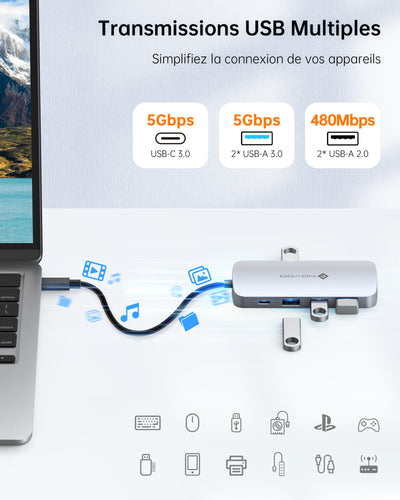 NOVOO R9C Hub USB C 9-en-1 Adaptateur USB vers HDMI 4K@60Hz, 5 Ports USB, 100W PD, SD/TF