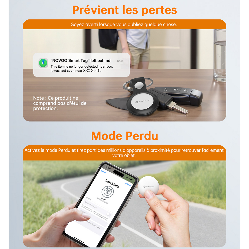 NOVOO Localisateur de clés intelligent Air Tag compatible avec Apple Où est ? APP(iOS) ou Google, Bluetooth KeyFinder Batterie remplaçable pour