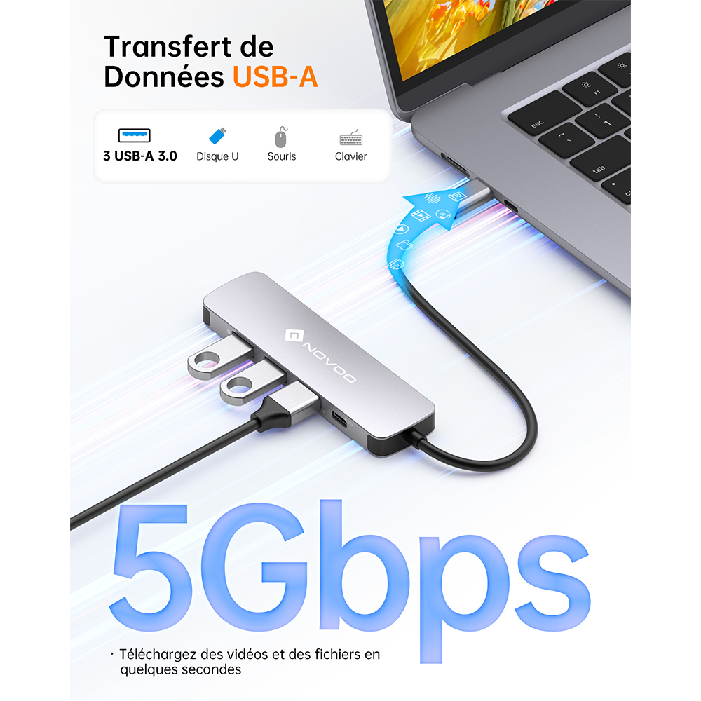NOVOO R5PD Adaptateur USB C, 5-en-1 Hub USB C vers HDMI 4K@60Hz, 3 X USB 3.0, PD 100W USBC Hub pour Macbook Air Macbook Pro Surface Galaxy Lenovo Chromebook