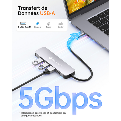 NOVOO R5PD Adaptateur USB C, 5-en-1 Hub USB C vers HDMI 4K@60Hz, 3 X USB 3.0, PD 100W USBC Hub pour Macbook Air Macbook Pro Surface Galaxy Lenovo Chromebook