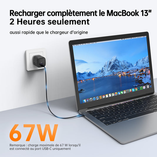 NOVOO Chargeur USB C 67W avec GaN, Chargeur Rapide Compact 2 Ports Compatible avec MacBook Pro/Air, iPad Pro, iPhone 14 Pro Max, Galaxy S22/S21, Steam Deck (Type-C câble Inclus)