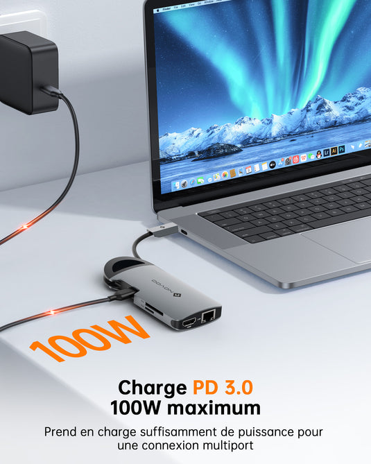 NOVOO USB C Hub Portable, 8-en-1 Adaptateur USB-C vers Type C 100W PD Port de Rechargement, 4K HDMI