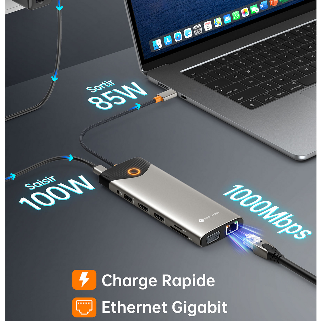 Station d'accueil USB-C Hub multiport 15-en-1 NOVOO - Triple Affichage 4K, Bouton de Confidentialité "Screen-Off" – Pour MacBook, Dell, HP, Lenovo