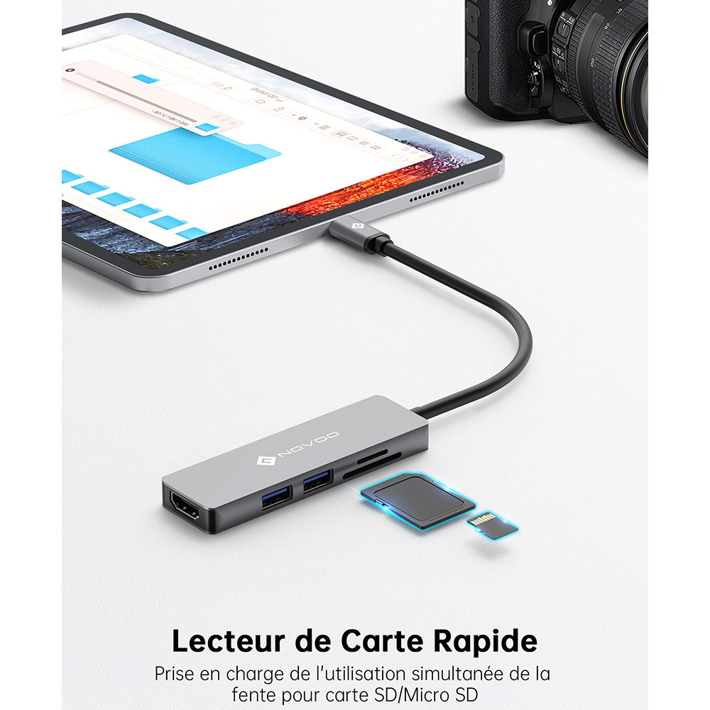 NOVOO R5 Hub USB-C 5 en 1 vers HDMI 4K@60Hz, Lecteur de Carte SD & Micro SD, 2 x USB 3.0, Adaptateur en Aluminium pour MacBook Pro, New MacBook, ChromeBook Pixel, Matebook PC Tablette Type-C