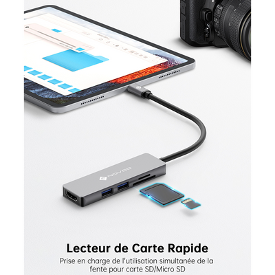NOVOO R5 Hub USB-C 5 en 1 vers HDMI 4K@60Hz, Lecteur de Carte SD & Micro SD, 2 x USB 3.0, Adaptateur en Aluminium pour MacBook Pro, New MacBook, ChromeBook Pixel, Matebook PC Tablette Type-C