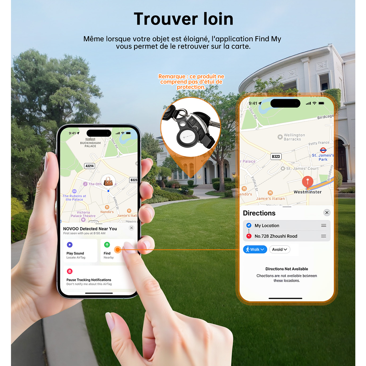 NOVOO Localisateur de clés intelligent Air Tag compatible avec Apple Où est ? APP(iOS) ou Google, Bluetooth KeyFinder Batterie remplaçable pour